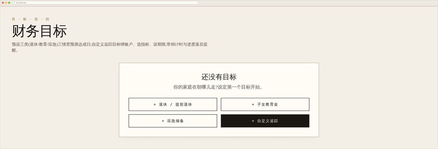 目标页:每个目标一条进度带,含三情景预测与落后判定。